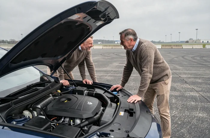 Deux journalistes automobiles discutant devant le capot ouvert d'une berline électrique performante sur un circuit