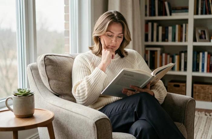 Femme lisant un journal de bien-être dans un fauteuil confortable près d'une fenêtre, pratique de la pleine conscience pour retrouver l'équilibre au quotidien