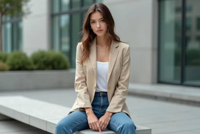 Portrait trois quarts d'un mannequin professionnel aux mensurations sveltes en blazer beige dans un cadre urbain contemporain