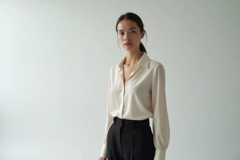 Portrait en pied d'un mannequin professionnel féminin aux mensurations élancées en studio blanc, illustrant les standards de la mode éditoriale