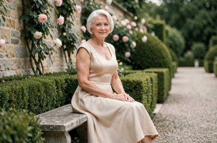 Mariée distinguée de 60 ans en robe champagne longueur thé assise dans un jardin à la française