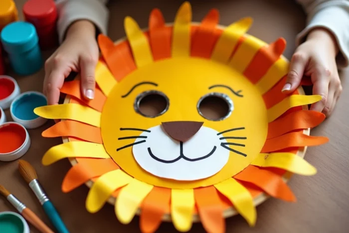 Masque de lion fait maison découpé dans une assiette en carton, peint en jaune et brun avec une crinière en bandelettes de papier orange