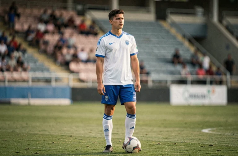 Jeune footballeur professionnel en tenue d'entraînement sur un terrain de football, regard déterminé, illustrant le parcours inspirant de Matthis Abline