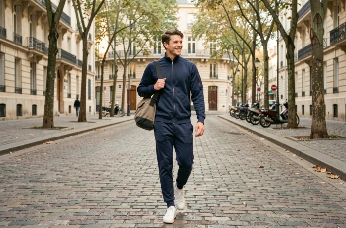 Jeune footballeur français en tenue décontractée marchant dans une rue de ville, sourire naturel, illustrant les racines et le parcours de Matthis Abline