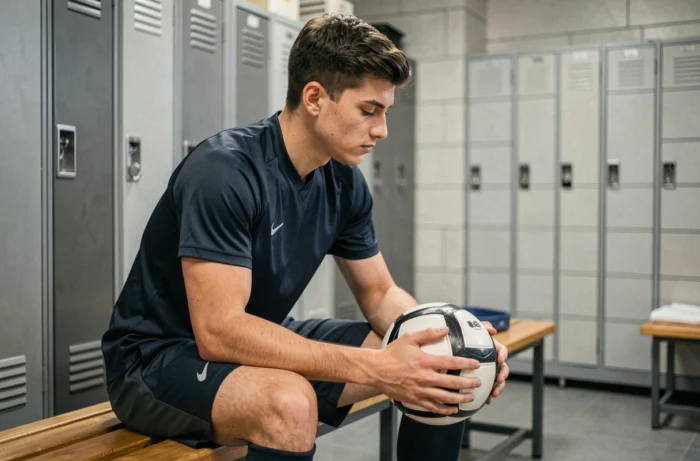 Footballeur assis dans un vestiaire tenant un ballon, moment de réflexion avant un match, évoquant les origines et le chemin parcouru par Matthis Abline