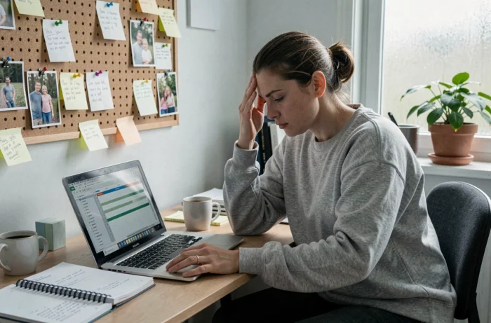 Mère célibataire travaillant seule à son bureau à domicile, entouré de notes et d'un ordinateur portable, gérant avec détermination les responsabilités familiales complexes