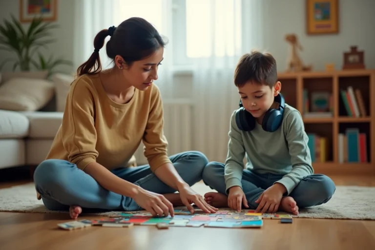Mère et enfant autiste jouant ensemble avec un puzzle dans un salon chaleureux en Arizona, soutien familial inclusion autisme