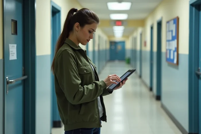Assistante scolaire consultant la messagerie PIAL sur une tablette dans un couloir d'école