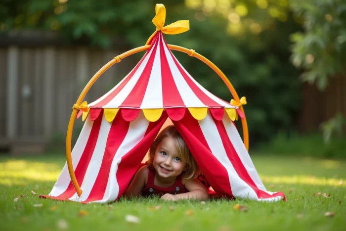Mini-chapiteau de cirque portable fait maison avec des cerceaux recouverts de tissu rayé rouge et blanc, installé dans un jardin avec un enfant qui regarde à l'intérieur