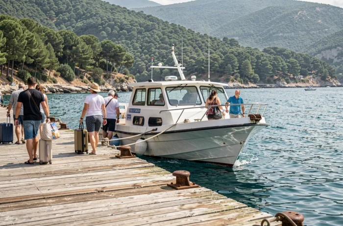 Embarquement de passagers sur une navette maritime au départ d'Ajaccio vers la plage de Cala d'Orzu en Corse