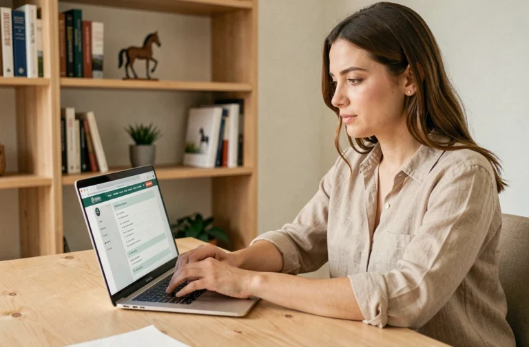 Femme naviguant sur le plan du site Equitorne.fr depuis un bureau en bois avec un laptop ouvert