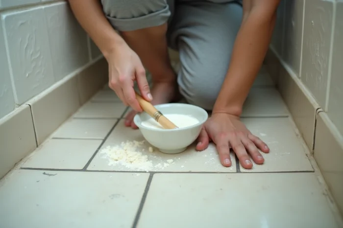 Mains nettoyant les joints de carrelage avec du bicarbonate de soude et une brosse dans une salle de bain