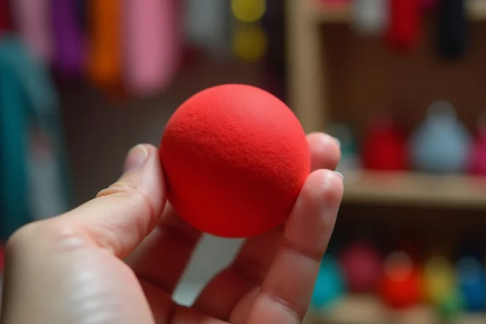 Nez de clown rouge en balle de mousse souple tenu entre deux doigts, avec sa bande élastique visible, sur fond flou d'atelier de déguisements coloré
