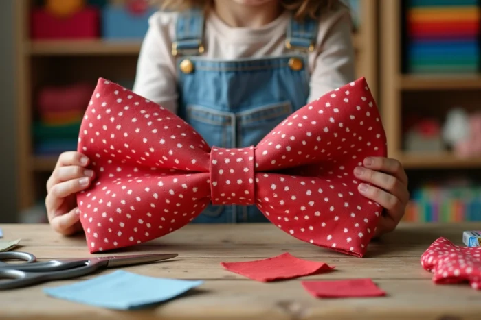 Grand nœud papillon surdimensionné fait maison en tissu à pois rouges et blancs monté sur cadre en carton, posé sur une table d'artisanat