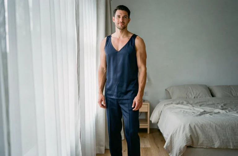 Homme adulte portant une nuisette en soie bleu marine dans une chambre lumineuse, tendance lingerie masculine moderne