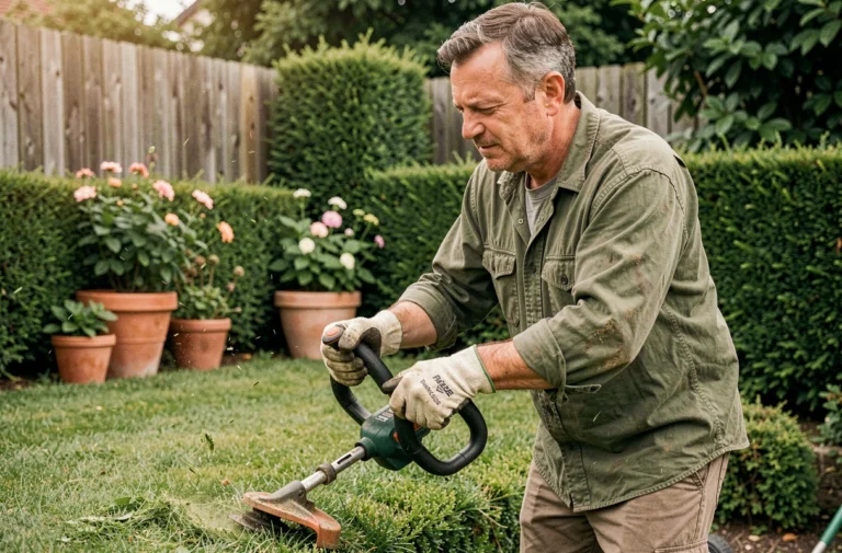 Homme utilisant un coupe-bordures Parkside sans fil pour entretenir les bordures d'un jardin bien soigné