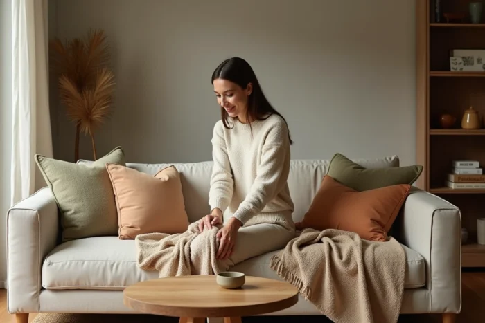 Femme arrangeant des coussins et plaids en teintes naturelles sur un canapé dans un salon chaleureux