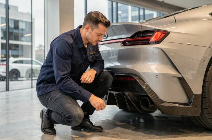Passionné d'automobile inspectant une voiture de sport moderne dans un showroom contemporain