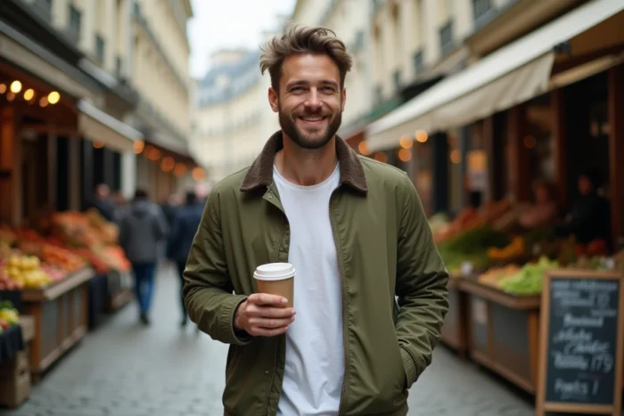 Jeune personnalité politique française se promenant dans un marché parisien en bord de Seine, incarnant un profil public accessible et authentique