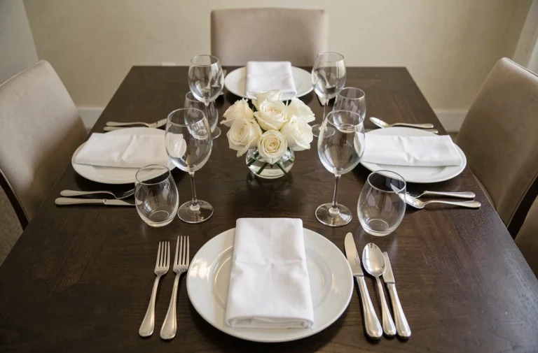 Table de dîner élégamment dressée vue de dessus avec verres en cristal, assiettes en porcelaine et couverts en argent sur nappe blanche