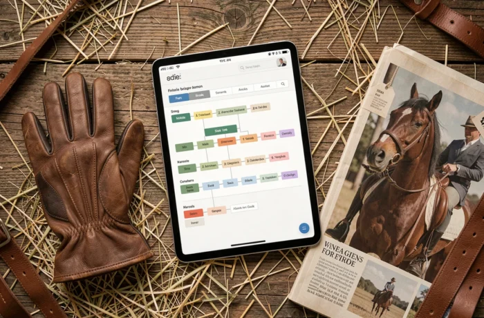 Vue aérienne d'une tablette affichant le plan du site Equitorne.fr posée sur une surface en bois dans une sellerie