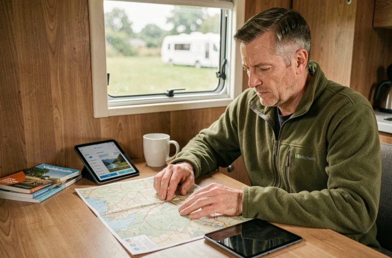 Homme planifiant un itinéraire caravane avec une carte routière et l'application ViaMichelin sur tablette à l'intérieur d'un camping-car