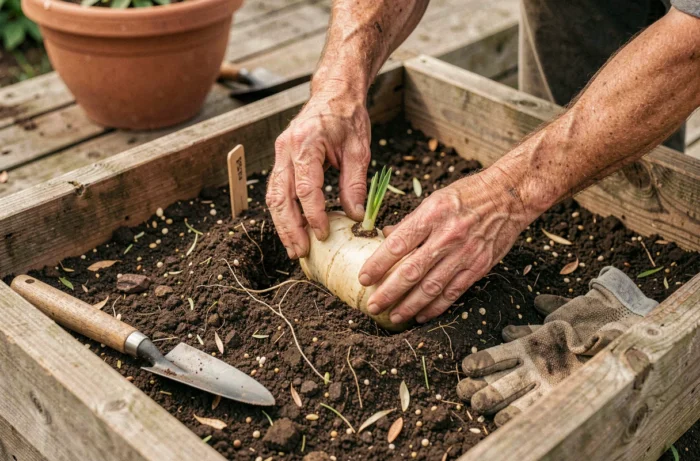 Mains de jardinière plantant un rhizome d'iris marcheur dans une terre enrichie de compost