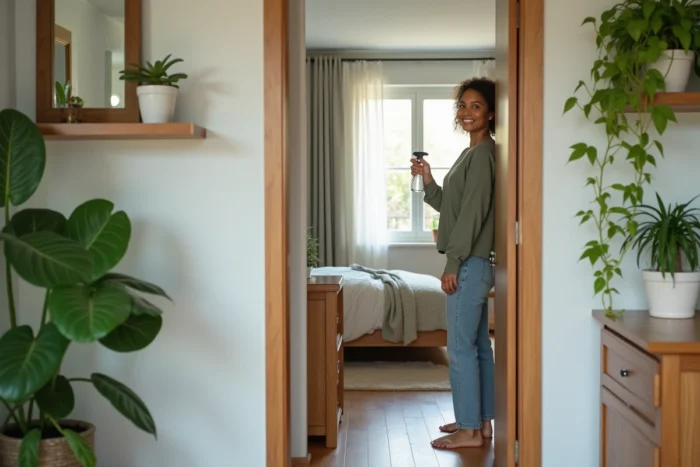 Femme arrosant une plante verte dans un appartement avec différentes plantes adaptées à chaque pièce