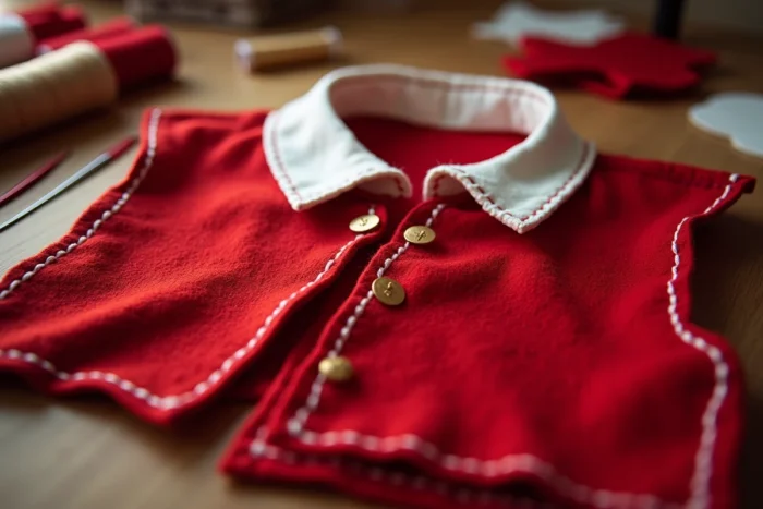Plastron de Monsieur Loyal fait maison en feutrine rouge avec bordures blanches cousues à la main et boutons dorés, posé sur une table de couture artisanale