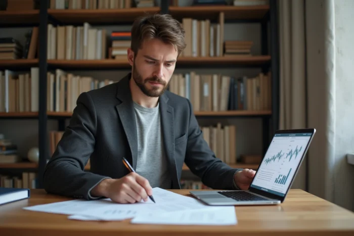 Jeune homme politique étudiant des documents financiers dans un bureau parisien moderne, illustrant la gestion du patrimoine et des revenus d'un élu