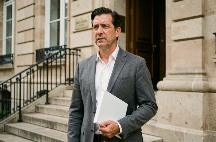 Homme politique français en blazer gris devant un bâtiment institutionnel en pierre, tenant un dossier sous le bras avec une expression réfléchie