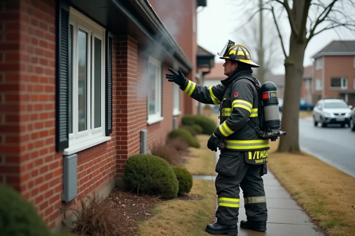 Pompier en tenue de protection indiquant une fenêtre fermée lors d'une intervention pour incendie en maison individuelle