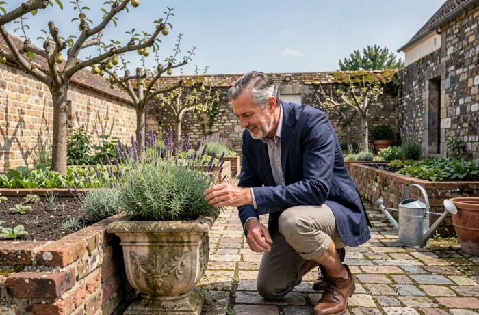 Homme inspectant des herbes aromatiques dans un potager historique clos de murs en pierre et briques en Île-de-France