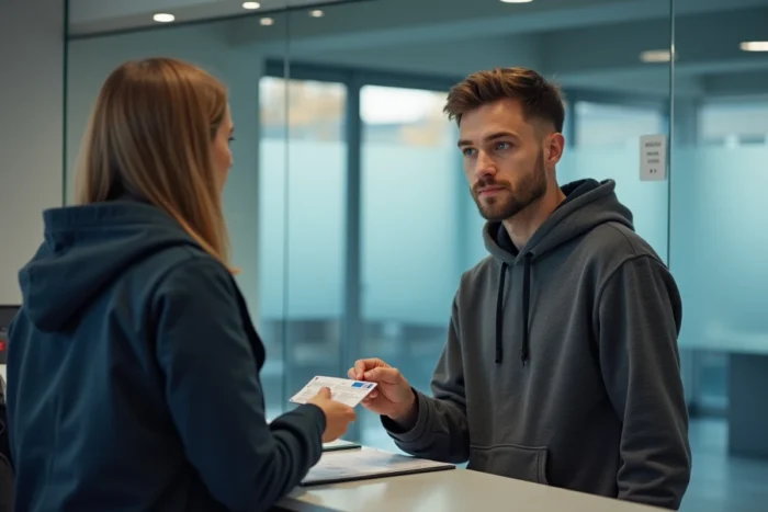 Jeune homme présentant sa carte d'identité à un agent administratif dans une mairie