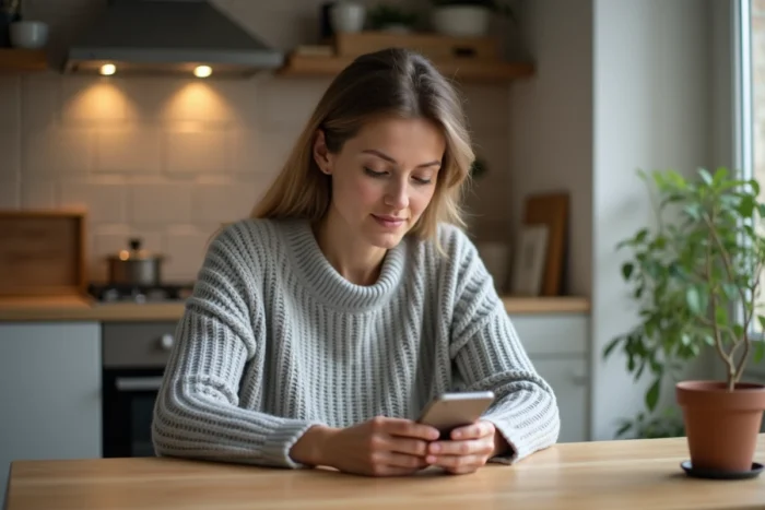 Femme utilisant un smartphone pour prendre un rendez-vous médical en ligne depuis son domicile, alternative à Doctolib