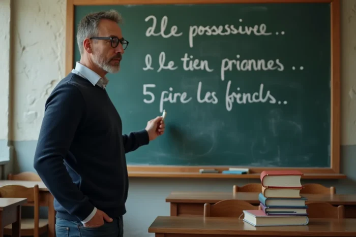 Professeur expliquant les règles des pronoms possessifs le tien et le tiens devant un tableau noir