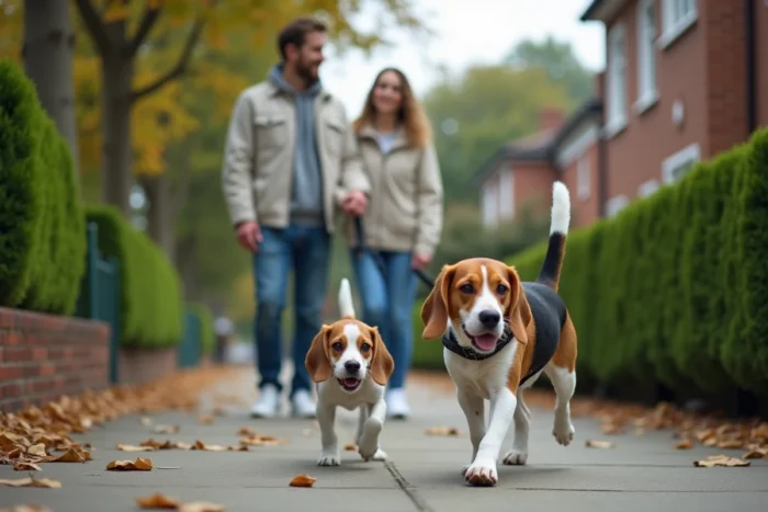 Couple promenant leur beagle en laisse dans une rue résidentielle, promenade quotidienne indispensable pour le chien
