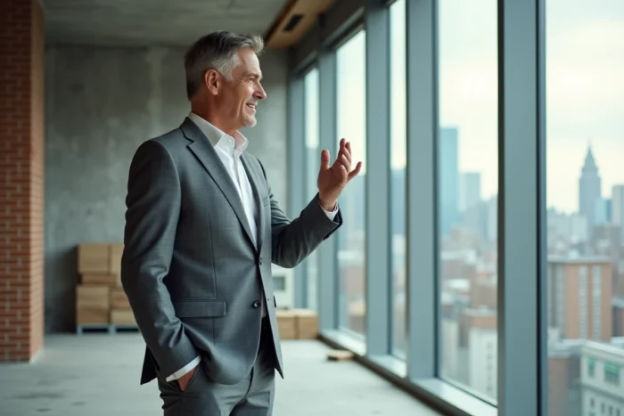 Promoteur immobilier dans un appartement haut de gamme en rénovation avec vue panoramique sur la ville