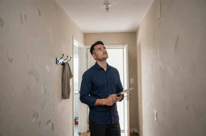 Propriétaire inspectant une douille vide lors d'un état des lieux de départ en location