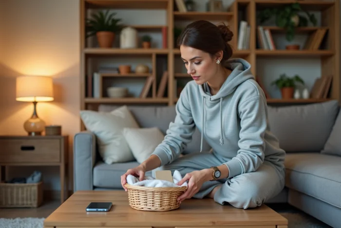 Femme effectuant une session de rangement ciblé de quinze minutes dans son salon avec un minuteur visible
