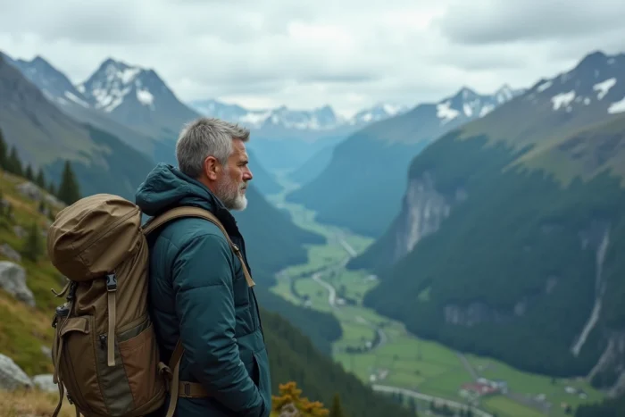 Randonneur avec sac à dos contemplant une vallée verdoyante depuis un point de vue montagneux lors d'un voyage d'aventure