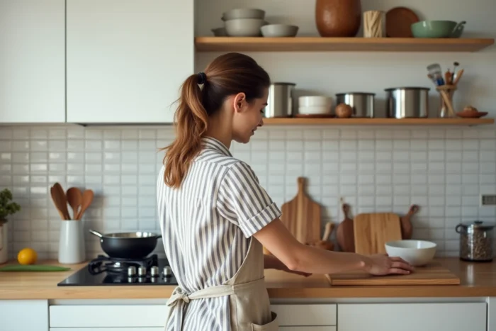 Femme organisant sa cuisine par zones de gestes avec des espaces de cuisson et de préparation délimités