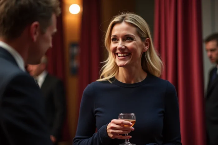 Femme actrice blonde riant avec surprise lors d'un événement mondain, illustrant une réaction inattendue face à une controverse médiatique