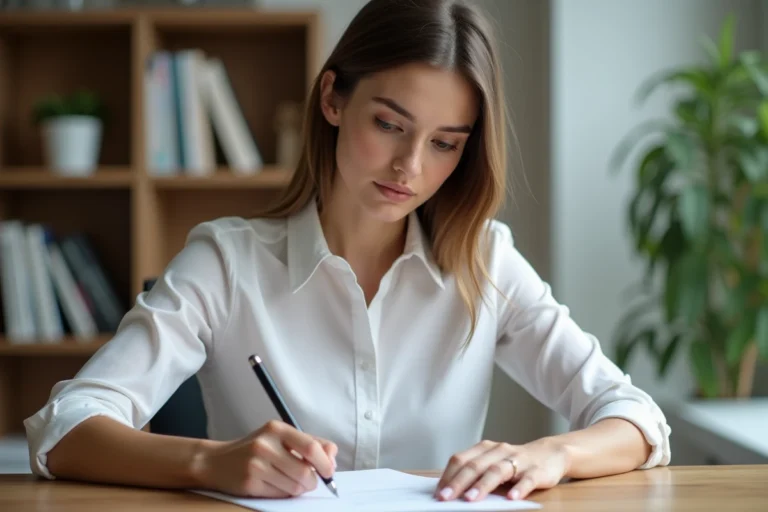 Jeune femme professionnelle rédigeant soigneusement une enveloppe de candidature spontanée à son bureau