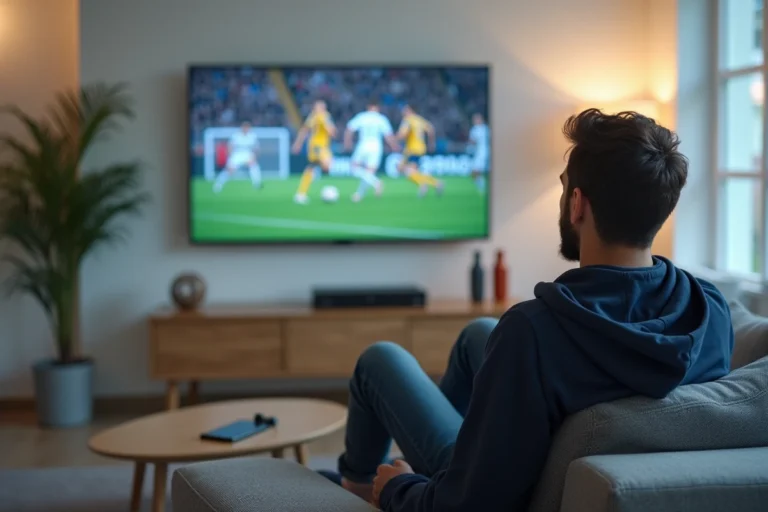 Homme regardant un match de football en direct sur sa télévision depuis son salon