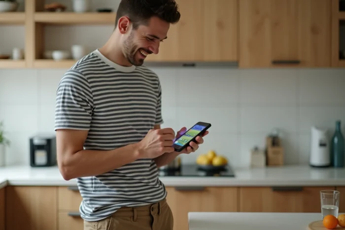 Jeune homme regardant un match en direct sur son smartphone dans sa cuisine