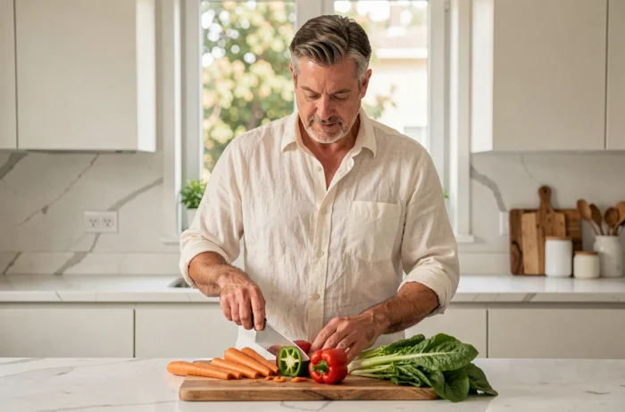 Homme préparant un repas sain et équilibré dans une cuisine moderne, illustrant les conseils pratiques de bien-être au quotidien