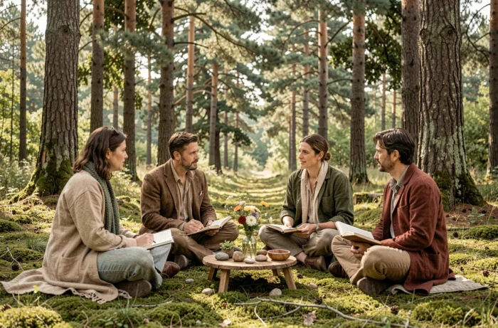 Groupe de participants partageant leurs expériences lors d'une retraite ayahuasca en pleine nature en France