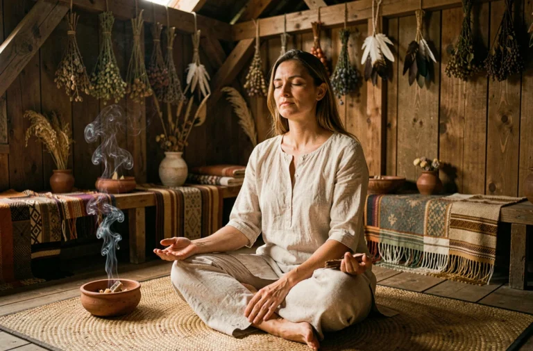 Femme en méditation lors d'une retraite ayahuasca dans un espace cérémoniel rustique en France