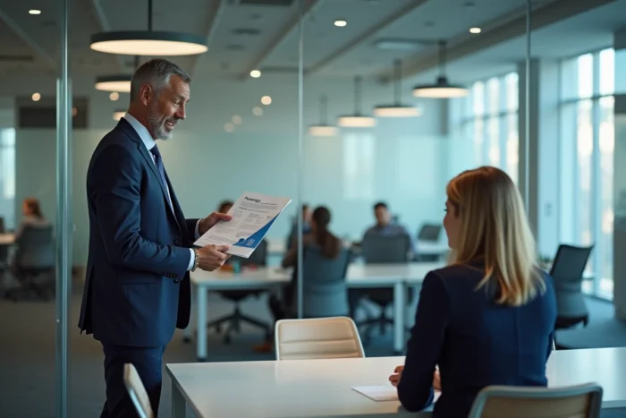 Homme en réunion avec un conseiller RH pour discuter des solutions de financement de formation en entreprise